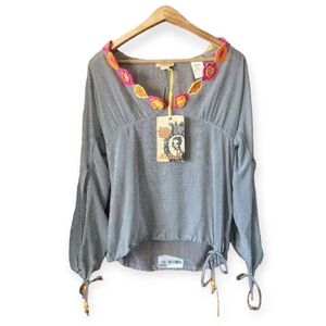 NWT Vintage Miss Sixty Sheer Silk Houndstooth Blouse with Crochet Flower Medium